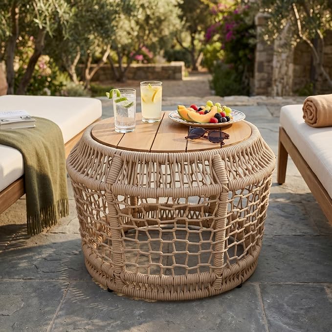 Outdoor Side Table with Light Beige Rope Frame, Patio Side Tables for Outside, Round Acacia Wood Outdoor End Table for Poolside Backyard Gazebo,No Assembly Required