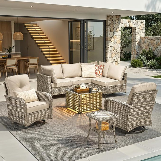 8 Pieces Outdoor Sectional Patio Furniture Set with Swivel Rocking Chairs,Conversation Sets Rattan Wicker L Shaped Couch,Modular Outdoor Sofa for Porch Balcony Backyard Beige