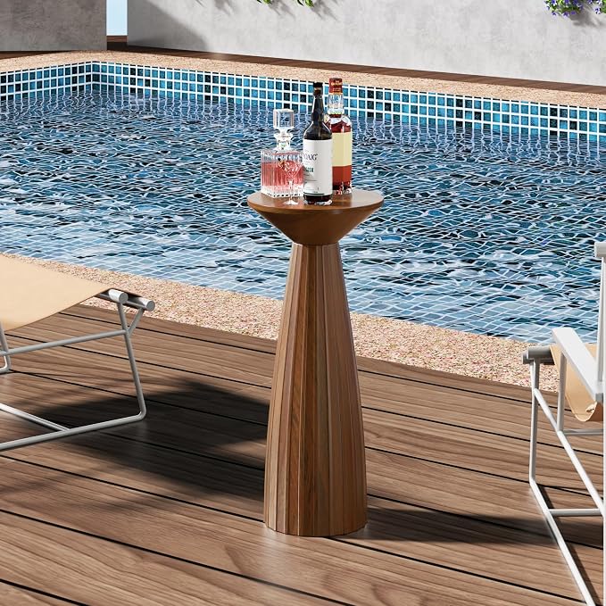 Modern Patio Side Table, Mid-Century Metal Outdoor End Table, Pedestal Round Accent Table for Poolside, Balcony & Living Room, Weather Resistant, No Assembly Required, Brown