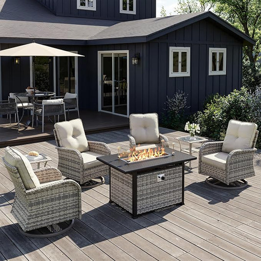 7Pcs Patio Rocking Swivel Chair with 55,000 BTU Fire Pit Table Outdoor Wicker Rattan Bistro Set with Tempered Glass Side Table, Outdoor Patio Furniture Set for Garden and Balcony, White