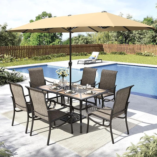 MFSTUDIO Outdoor Dining Set with Umbrella, Patio Dining Set for 6, Outdoor Furniture Set with Rectangular Table & Textilene Chairs & Beige Umbrella (Base not Included)