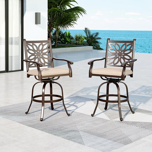 MFSTUDIO Outdoor Barstools Set of 2, Cast Aluminum Swivel Outdoor Bar Chairs, Bar Height Patio Chairs with Extra Wide Seat and Cushion, Brown, 350lbs