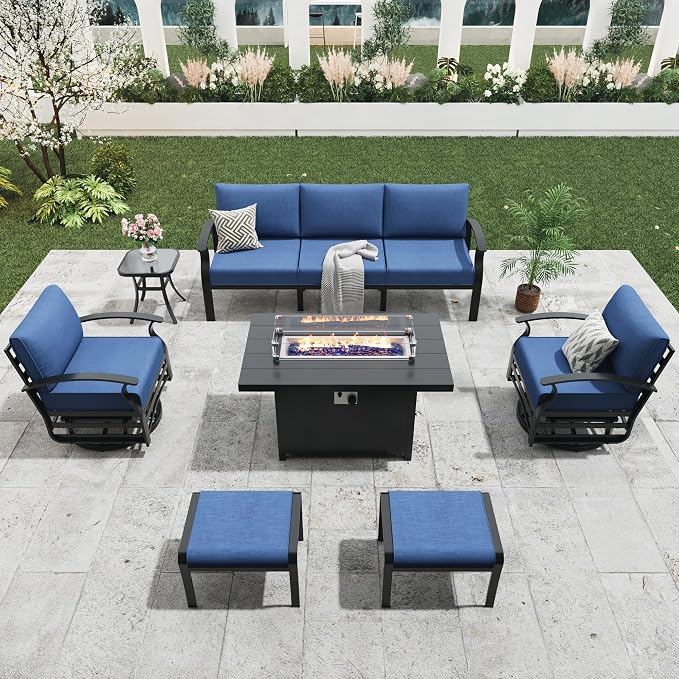 Aluminum Outdoor Patio Furniture Set,5 Seats Patio Conversation Sets with 45" Propane Fire Pit Table 2 Ottomans,Metal Furniture Set with 2 Swivel Rocking Chairs,Navy Blue