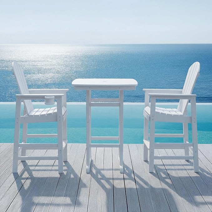WILLIAMSPACE Height Patio Bar Table Set of 3, Outdoor Square Bar Table with Umbrella Hole, 2 Bar Stools with Cup Holders, 3-Piece All-Weather Outdoor Bistro Set for Kitchen Outside (White)