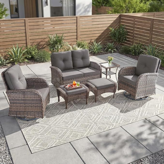 Outdoor Swivel Glider Rocker Chairs Set- 6 Piece Patio Furniture Set with A Glider Loveseat, Tempered Glass Side Table and 2 Ottoman, for Balcony, Porch - Brown Wicker, Grey Cushion