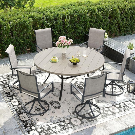 DIFY 7 Piece Outdoor Patio Dining Set for 6, 50" Grey Wood-Like Round Metal Dining Table and Swivel Patio Chairs with Grey Padded Textilene, All-Weather Outdoor Furniture Set for Garden Backyard