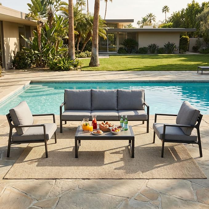 COSIEST 4-Piece Iron-Aluminum Patio Furniture Set, 5-Seater Patio Conversation Set, 3-Seat Outdoor Sectional Sofa with 2 Cushioned Chairs and Wood-Grain Coffee Table for Porch, Balcony, Deck