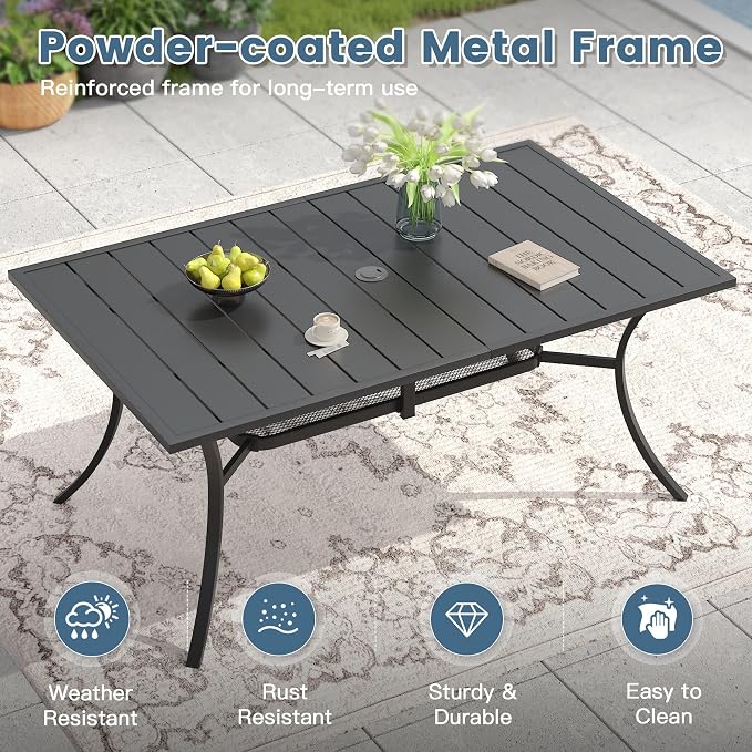 DIFY 7 Pieces Outdoor Dining Set for 6, 59.2" Black Rectangle Metal Table with 4 Stackable Wicker Patio Chairs & 2 Swivel Chairs, Patio Furniture Set with Cushions and Umbrella Hole, Wheat Rattan