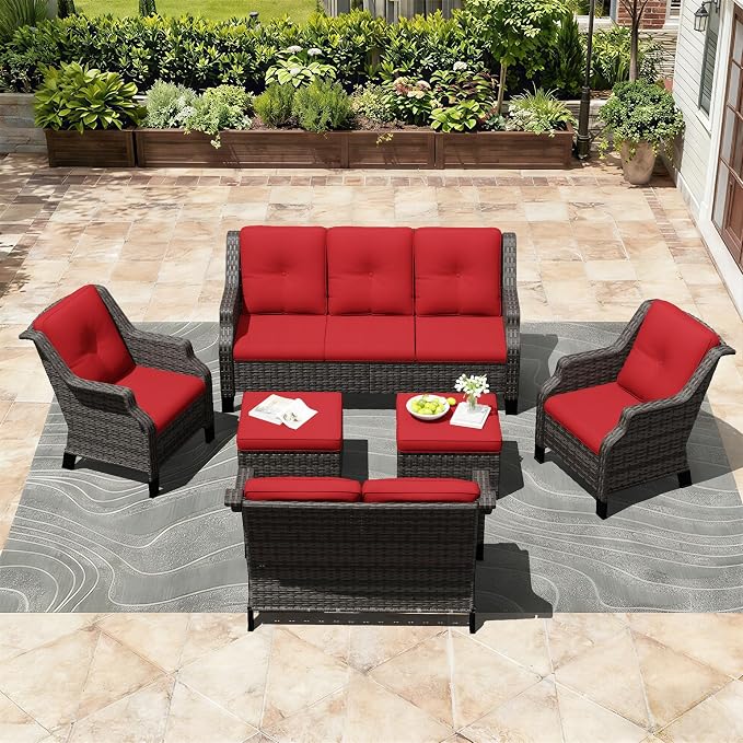Outdoor Patio Furniture Set, 6 Piece Wicker Patio Furniture with Thick Cushions, Curved Armrest, Deep Seating, Rattan Outdoor Chairs for Porch, Deck, Balcony