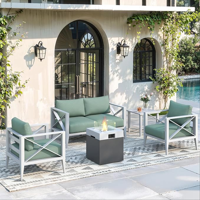 Aluminum Outdoor Patio Furniture Set with Fire Pit, 6-Piece Outdoor Sectional with 5.2" Thick Cushions, Patio Conversation Sets for Backyard,(White,4 Seats)