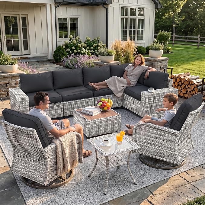 9-Piece Outdoor Patio Furniture Set with Rocking Swivel Chair Wicker Sectional Sofa Set, Patio Conversation Set with Thickened Cushions & Coffee Table for Garden, Backyard, Dark Grey