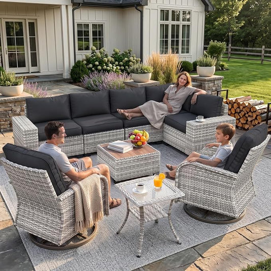 9-Piece Outdoor Patio Furniture Set with Rocking Swivel Chair Wicker Sectional Sofa Set, Patio Conversation Set with Thickened Cushions & Coffee Table for Garden, Backyard, Dark Grey
