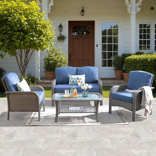 ovios 4-Piece Patio Furniture Set, Outdoor Wicker Sofa with Chairs Coffee Table, High Back Rattan Couch Loveseat with Comfy Cushions for Porch Yard Deck, Denim Blue