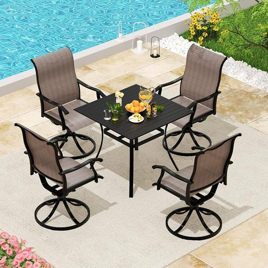 LVUYOYO 5-Piece Outdoor Patio Dining Set, Textilene Swivel Chairs & Square Table Set, All-Weather Table and Chairs Set with Umbrella Hole for Backyard, Garden,Balcony,Porch (Brown)