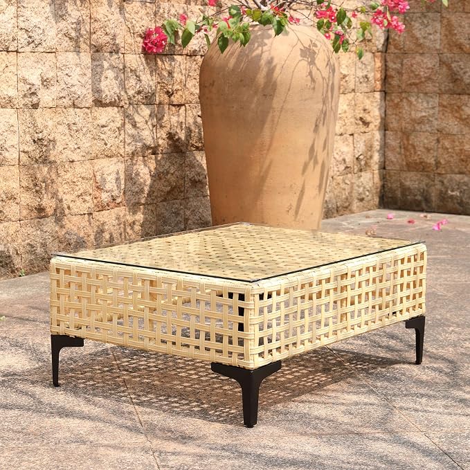 Outdoor Patio Coffee Table with Tempered Glass Top, Handwoven PE Wicker Patio Table with Metal Frame, All-Weather Rattan Coffee Table for Patio Furniture, Balcony, Backyard or Garden