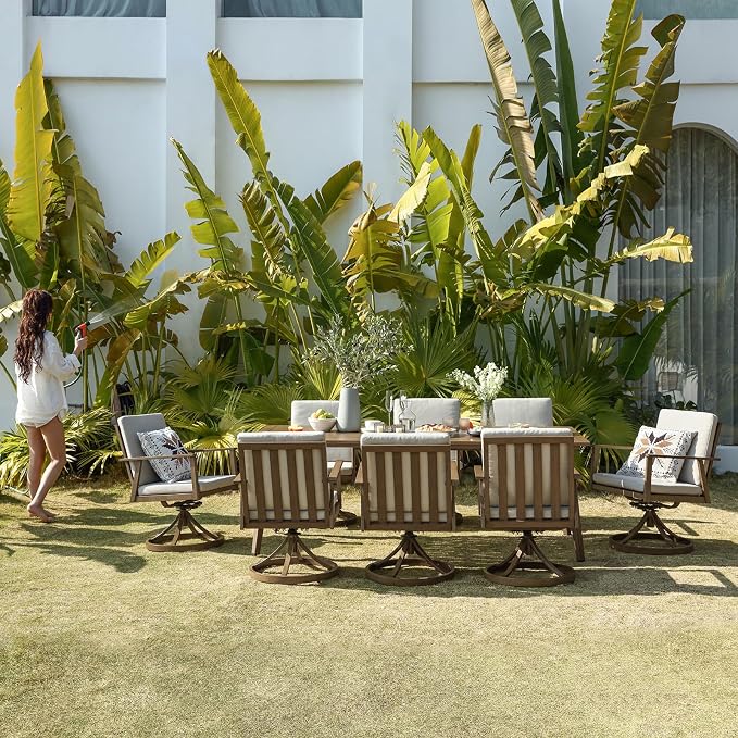 9 Pieces Outdoor Dining Set, Never-Rust Aluminum Patio Swivel Dining Set with Removable Cushions, Outdoor Patio Dining Table Set with 8 Swivel Chairs and Table for Deck Backyard Poolside, Teak