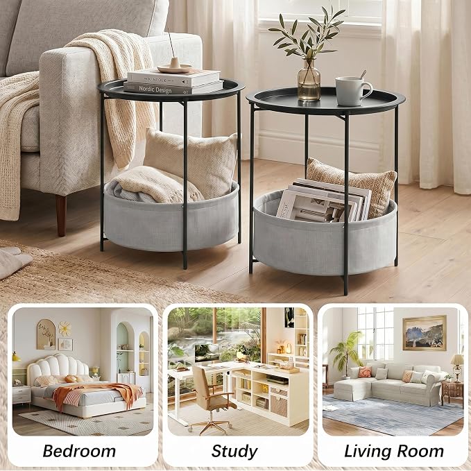 VECELO Round Side/End Table with Fabric Storage Basket，Metal Anti-Rust and Waterproof Small Bedside Nightstand with Removable Tray Top for Living Room，Balcony & Laundry，Black /1pcs with Basket