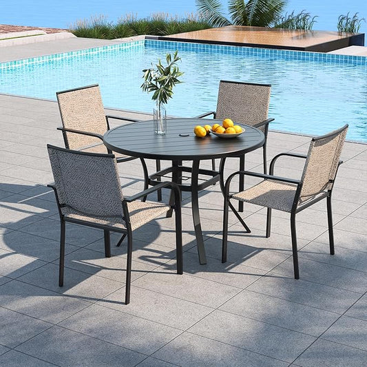5 Piece Patio Dining Set with 41" Round Metal Table and Beige Grey Chairs | 4 Piece Stackable Chairs Textilene Seat and Back, Table and Chair with Metal Frame, Round Slat Table Top, 1.9" Umbrella Hole