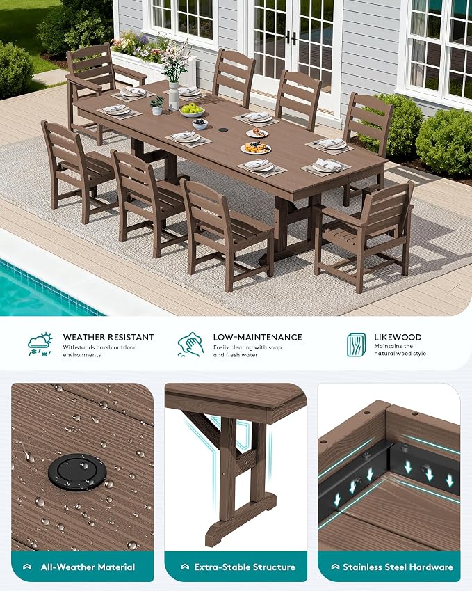 SERWALL 9 Piece Outdoor Dining Set, 84" HDPE Outdoor Table with 6 Armless Chairs and 2 Armchairs ，All Weather Patio Dining Furniture Set with Umbrella Hole for Backyard, Garden, Brown