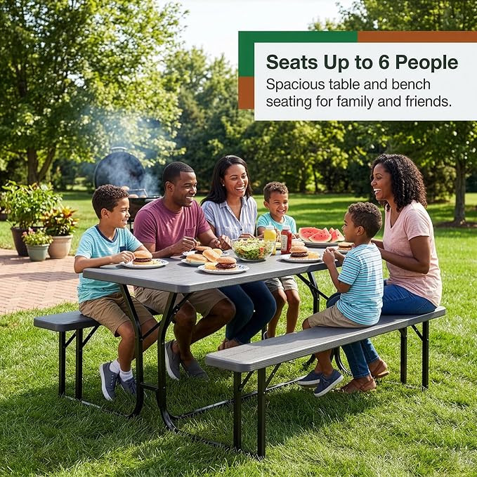 Gray Outdoor Picnic Table Set with Benches, Woodgrain Plastic Patio Dining Table with Metal Frame, Weather-Resistant Picnic Bench Table for Backyard, Patio, Garden, Park, Seats 6