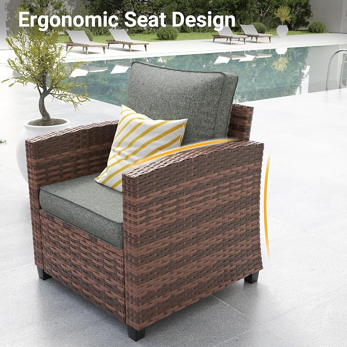 Outdoor Furniture Set, 5 Pcs Wicker Patio Couch with Chairs, Ottomans and Thick Cushions, All Weather Wicker Rattan Patio Conversation Set,Dark Grey