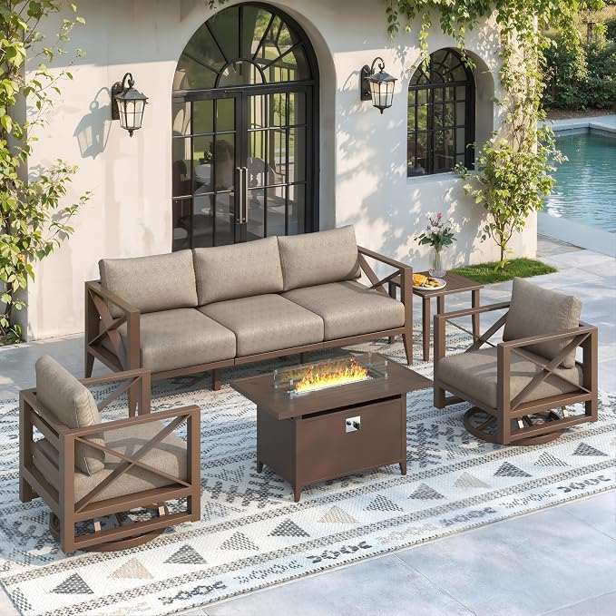 Aluminum Outdoor Patio Furniture Set with 43" Fire Pit Table, 7-Piece Outdoor Sectional with 5.2" Thick Cushions, Patio Conversation Sets for Backyard,(Brown,5 Seats)