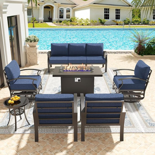 Kullavik Aluminum Patio Furniture Set,7 Piece Modern Metal Outdoor Patio Furniture w/5.1'' Thick Cushion,Swivel Chairs and 45" Propane Fire Pit Table,Patio Conversation Sets for Porch,Deck,NavyBlue