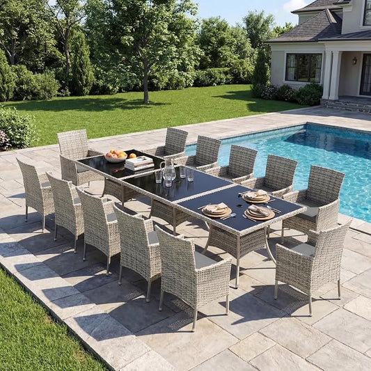 15-Piece Patio Dining Set, Patio Furniture Set with Square Tempered Glass Table & 12 Wicker Chairs, Expandable Design for Larger Groups, Outdoor Furniture for Backyard, Deck, Garden, Grey