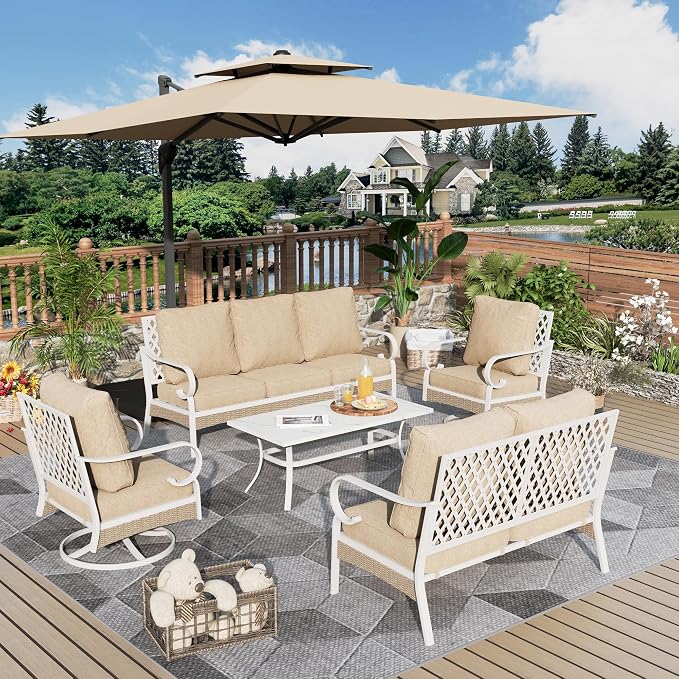 MIXPATIO 5 Piece Patio Furniture Set, 2 x Swivel Chair, 1 x 2-Seat Sofa, 1 x 3-Seat Sofa with Marbling Coffee Table, All Cushioned 7 Seats Outdoor Conversation Set for Lawn Garden Backyard, Beige