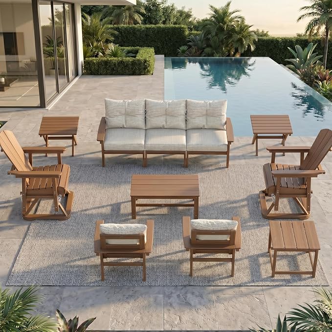 HDPE Outdoor Patio Furniture Set, 11-Piece Sectional Set with 3-Seat Sofa, 4 Armchairs & 4 Tables, All-Weather Couch with Beige Washable Cushions for Porch, Lawn (Teak Frame)