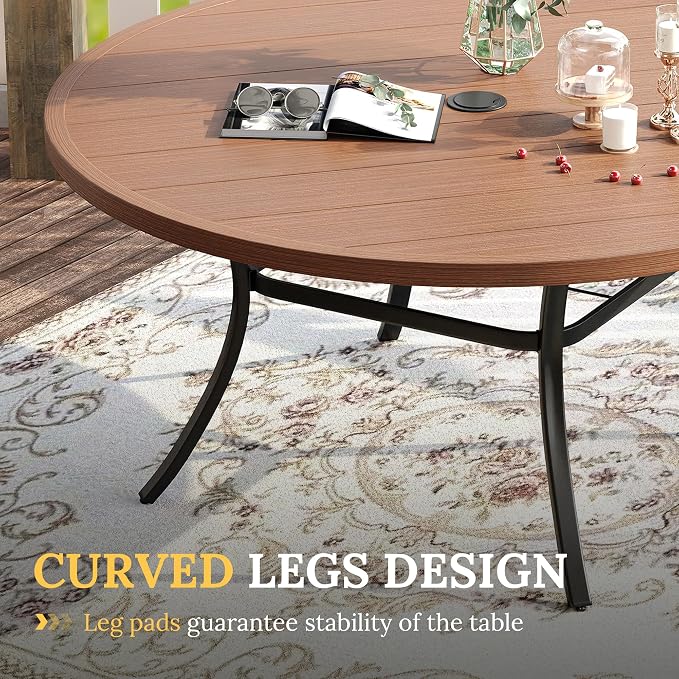 VICLLAX 63" Outdoor Round Patio Table with Umbrella Hole, All Weather Metal Round Outdoor Dining Table for Lawn Garden, 8-10 Person Table, Walnut Wood-Grain Tabletop
