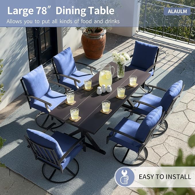 ALAULM 7-Piece Patio Dining Set,Outdoor Metal Dining Set with 6 Swivel Chairs & Rectangle Table with 1.5 Umbrella Hole, Patio Dining Table and Chairs for Backyard,Navy