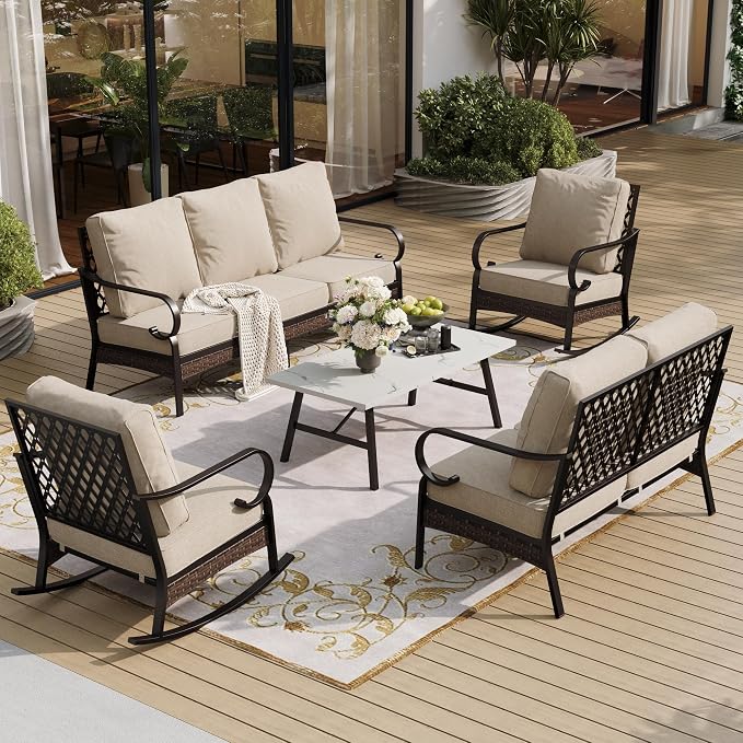 SUNSHINE VALLEY 5 Piece Metal Outdoor Patio Furniture Set, Patio Conversation Sets, Outdoor Seating Furniture 3-Seater Sofa, 2 Leg Chair and 2 Swivel Chair with 5.75" Cushion for Backyard Deck, Beige