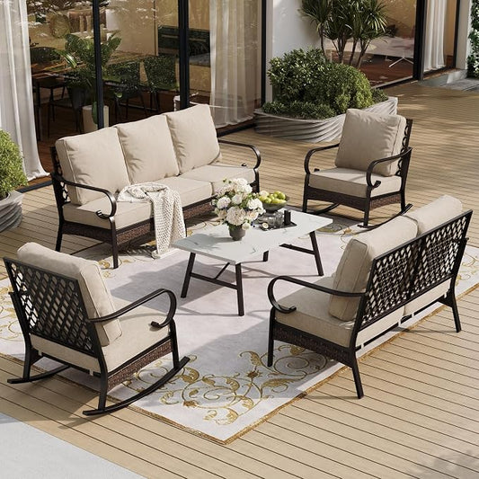 SUNSHINE VALLEY 5 Piece Metal Outdoor Patio Furniture Set, Patio Conversation Sets, Outdoor Seating Furniture 3-Seater Sofa, 2 Leg Chair and 2 Swivel Chair with 5.75" Cushion for Backyard Deck, Beige