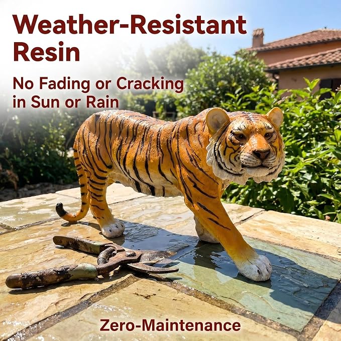 33" Large Tiger Garden Statue, Orange with Black Stripes | Fierce Walking Tiger Sculpture, For Outdoor Patio & Pool Area, Hand-Painted