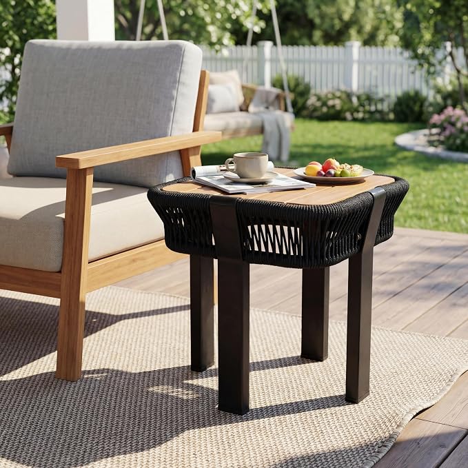 Acacia Wood Side Table, Square Outdoor End Table with Rope & Metal Frame, Small Outdoor Table for Patio, Garden, Poolside, Deck w/UV-Resistant Frame,120 lbs Capacity, Black+Teak