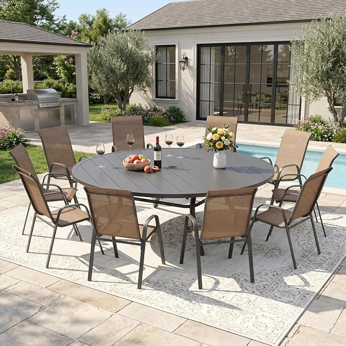 DIFY 11 Piece Outdoor Dining Set, 63" Black Round Metal Patio Table and Brown Textilene Stackable Chairs for 10, All Weather Patio Furniture Set with Umbrella Hole for Backyard Garden Deck