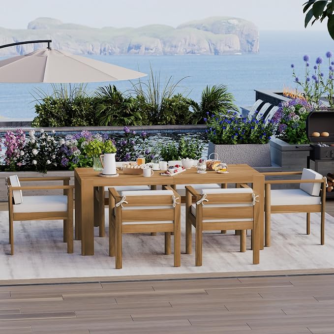 7-Piece Patio Dining Table Set for 6, Outdoor Furniture Sets with 70.8" Rectangle Table, Patio Table and Chairs Set with Removable Cushions for Backyard,Garden,Poolside (Light Teak@24)