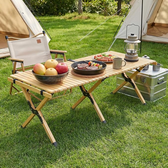 COSTWAY Folding Picnic Table, Portable 4ft Roll Up Camping Table with Storage Bag, for 4-6 People, Low Height Foldable Pine Wood Bench Table, for Indoor & Outdoor Party, BBQ & Hiking