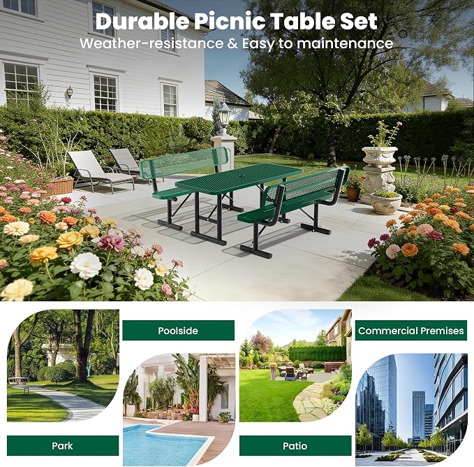 6FT Outdoor Metal Picnic Table with 2 Benches,Heavy Duty Rectangular Picnic Table Set for Outside, Waterproof Commercial Restaurant Table Furniture for Park, Campfield, Patio, Garden, Yard