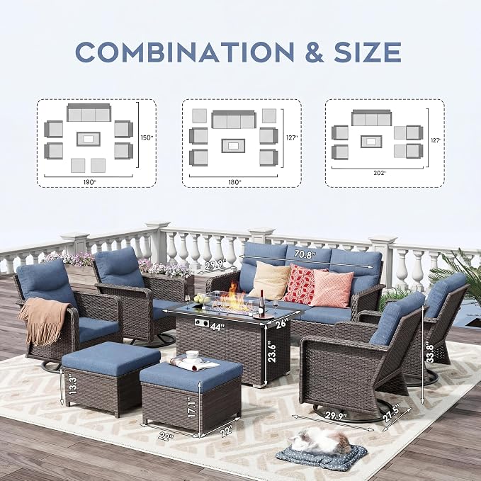 XIAO WEI 8-Piece Outdoor Furniture Set with Fire Pit Table, Wicker Patio Conversation Set with Cushions & Swivel Glide Chairs, All-Weather Patio Furniture Set for Backyard, Garden, Deck (Blue)