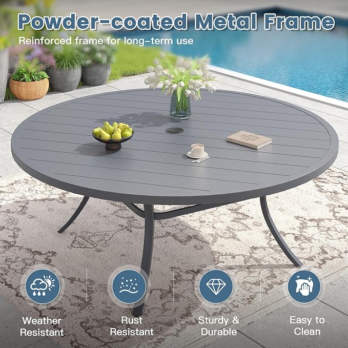 DIFY 11 Piece Outdoor Dining Set, 63" Round Metal Patio Table and Textilene Stackable Chairs for 10, All Weather Patio Furniture Set with Umbrella Hole for Backyard Garden Deck, Grey