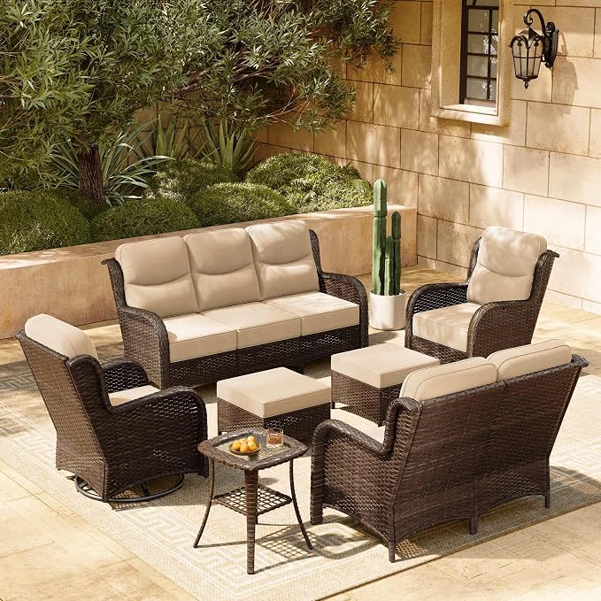 HILLGA 7-Piece Luxury Patio Furniture Set with 6" Thick Cushions, Weather-Resistant Wicker High Back Swivel Rocker Chairs, Senior-Friendly Outdoor Loveseat Set for Large Deck and Poolside, Beige(V2)