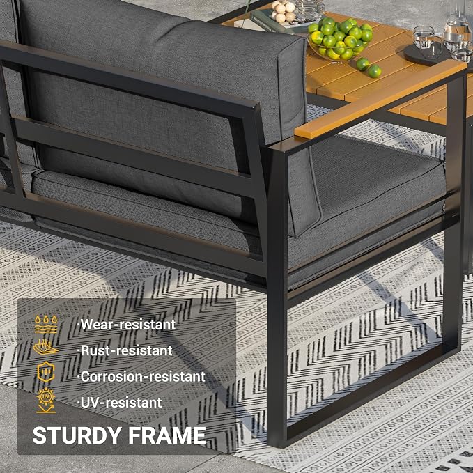 UDPATIO Metal Outdoor Patio Furniture Set, Modern Outdoor Conversation Sets w/Coffee Table, Sectional Furniture with Thick, Washable and High-Resiliency Sponge Cushions, Deep Grey, 4 PCS
