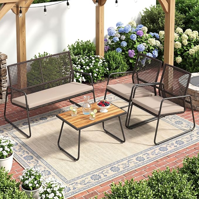 Tangkula 8 Pieces Patio Furniture Set, PE Wicker Rattan Conversation Set with Acacia Wood Coffee Table & Zippered Cushions, Outside Seating Set for Backyard, Garden & Deck (Beige, 8 Pcs)