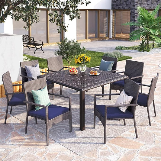 PHI VILLA 9 Pieces Outdoor Cast Aluminum Dining Set for 8, Square Metal Dining Table with Umbrella Hole & Cushioned Wicker Rattan Chairs, Dining Furniture Set for Patio, Deck, Yard and Porch