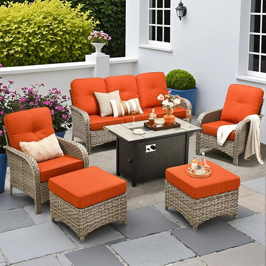 6-Piece Outdoor Patio Furniture Set with Fire Pit Table,All Weather Wicker Rattan Patio Seating Sofa and Chair Set with Ottomans,Outdoor Conversation Sets with 3 Seater Couch for Porch Deck Yard,Red