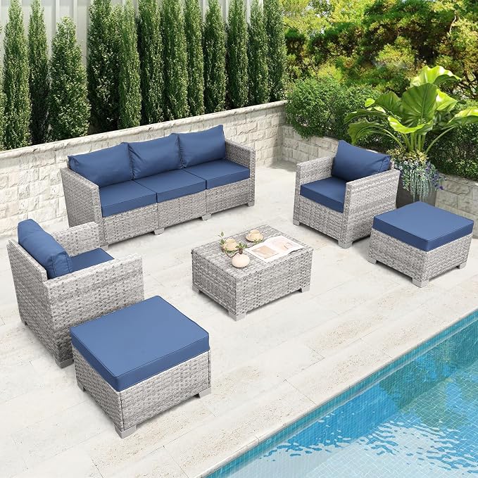 WAROOM Patio Furniture Set 6 Piece PE Rattan Outdoor Conversation Sets Grey Wicker Couch Sectional Sofa with Storage Coffee Table and Navy Blue Cushion