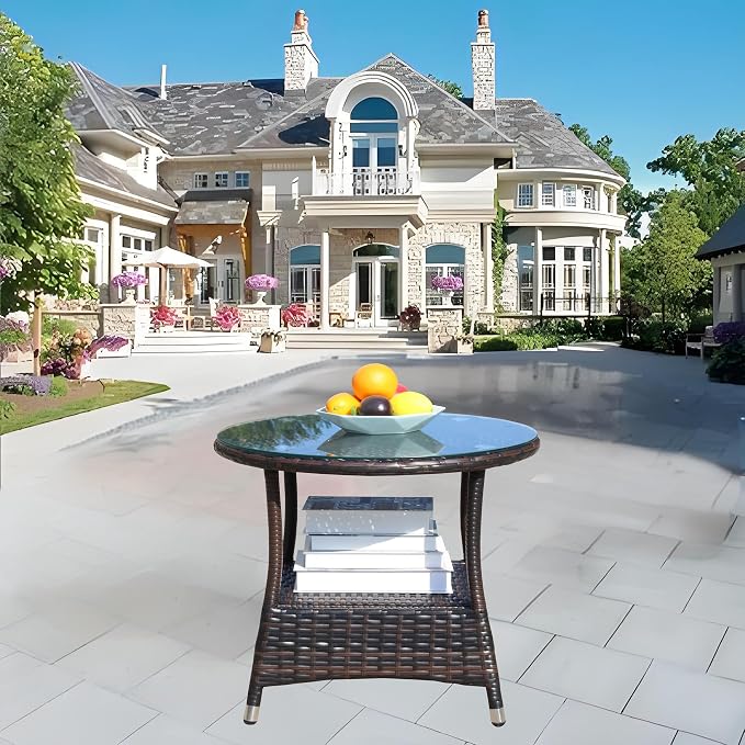 Outdoor Patio Round Coffee Table with Clear Tempered Glass Top Ideal for Garden Deck and Outdoor Entertaining Space-Saving Design