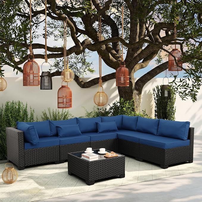 Valita 7 Pieces Outdoor Wicker Furniture Conversation Set Patio Sectional Sofa Set Glass Table with Non-Slip Cushions Furniture Cover, Navy Blue